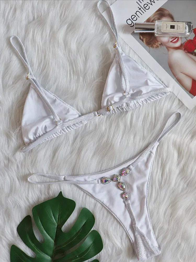 Extreme Mini Micro G String Diamond Bikini Women Swimsuit Female Swimwear Two Pieces Bikini Set Halter Bathing Suit Swim Lady