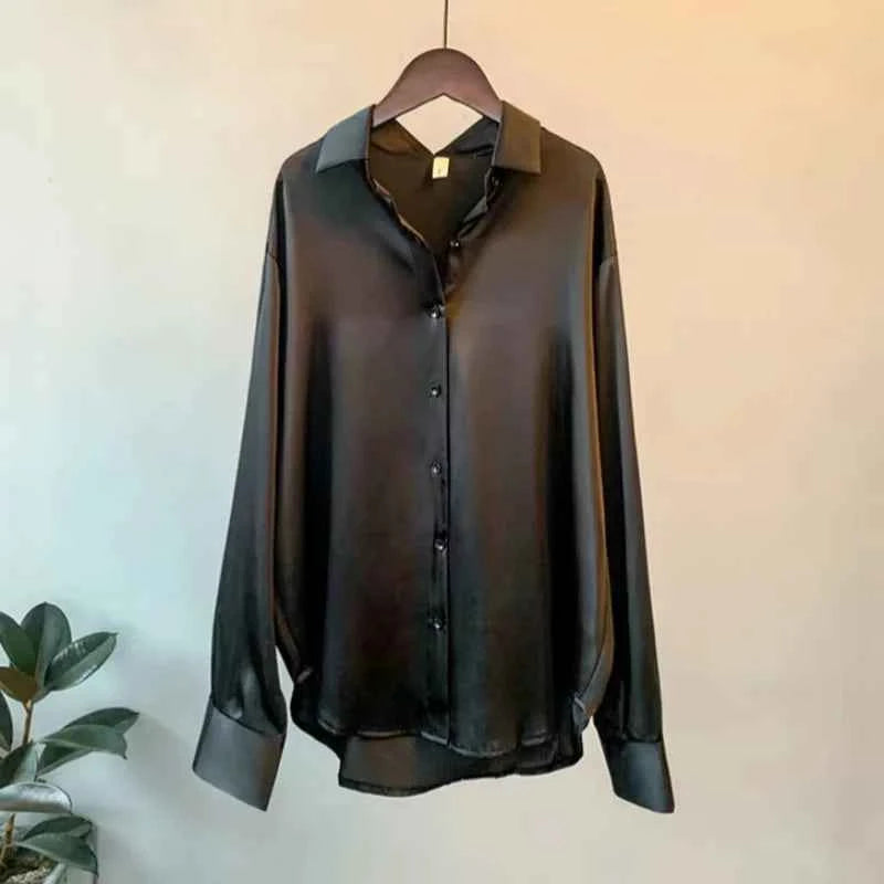 Spring Fashion Button Up Satin Silk Shirt Vintage Blouse Women White Tops Lady Long Sleeves Female Loose Street Shirts 11355