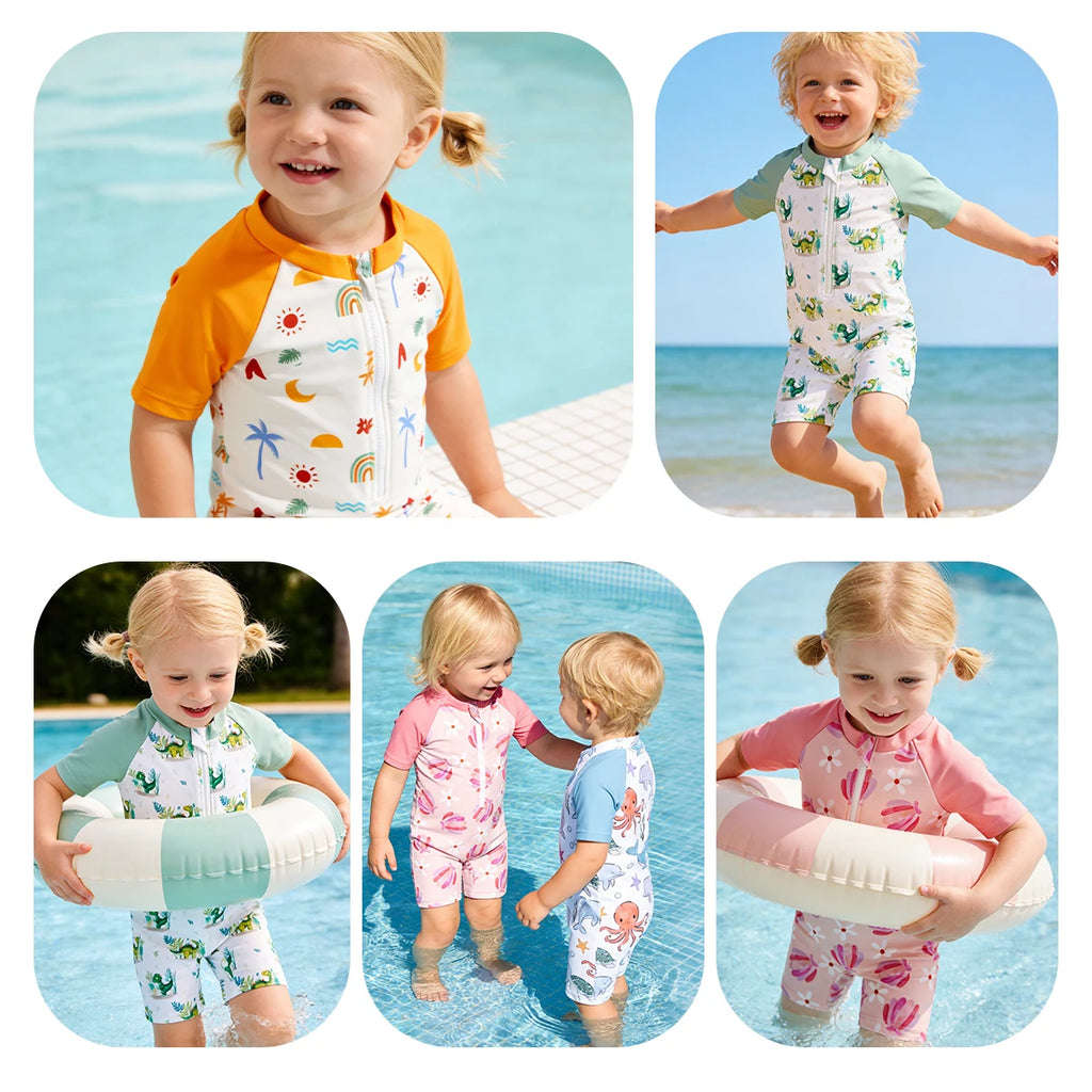 Happyflute Kids Short Sleeve One-Piece Swimsuit Quick Dry Toddler Summer Rash Guard with Shorts ，Sun Protection Suit