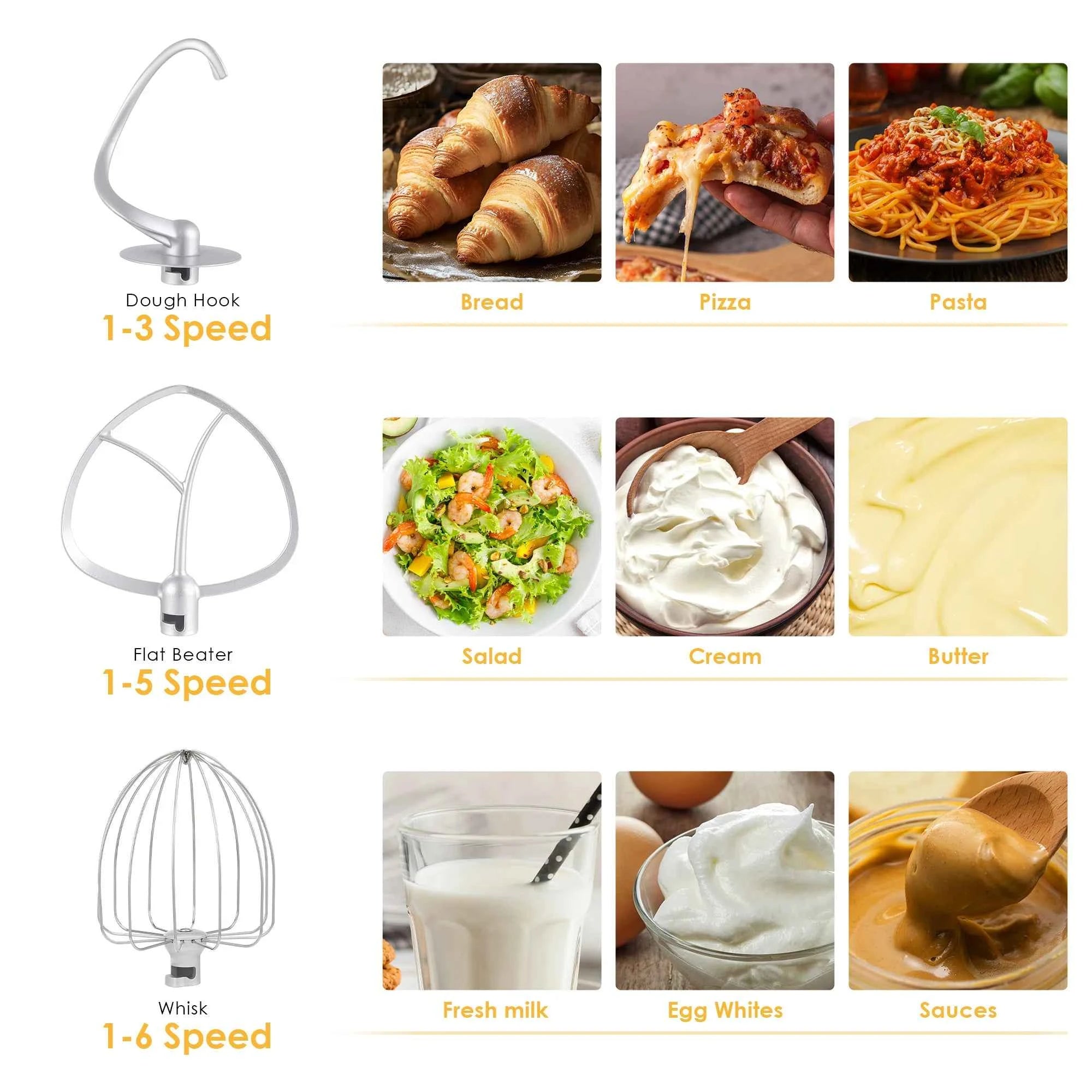 BioloMix Kitchen Food Stand Mixer, Blender, Quiet Motor, Cream Egg Whisk, Whip Dough Kneader, 6-Speed, 1200 W, 6 L, DC