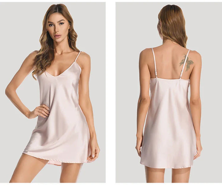 Meet'r Women Summer Sleepwear Sexy Deep V Imitation Silk Nightdress Solid Color Sling Ice Silk Home Clothes Satin Nightgown
