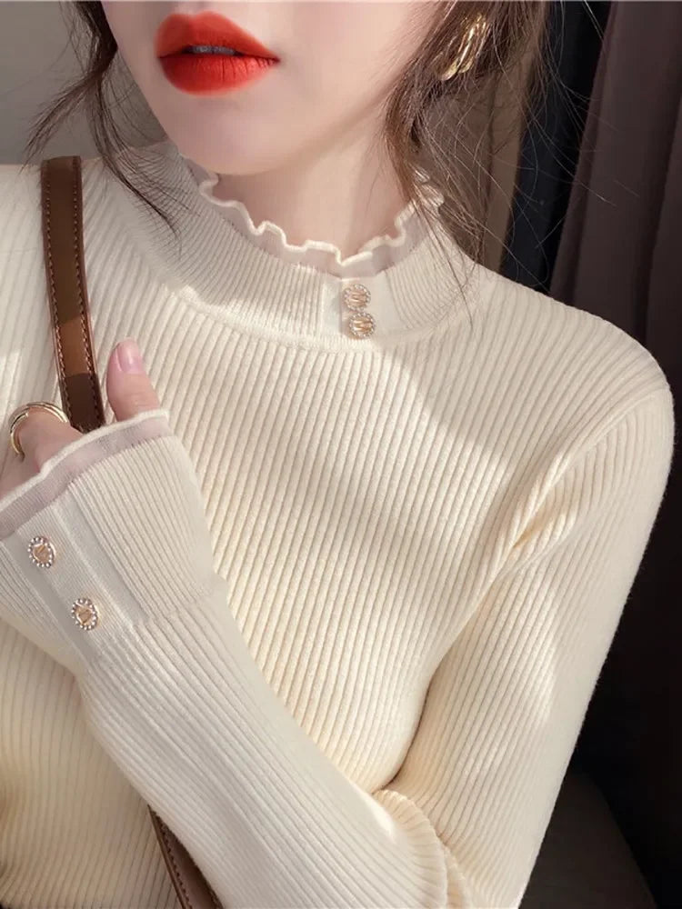 2026 Knitted Women Sweater O-neck Button Pullovers Autumn Winter Basic Sweaters for Female Pullover Slim Solid Bold Lace Tops