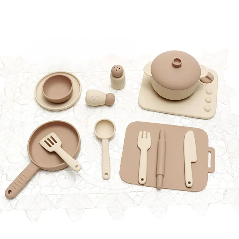 Kids Pretend Play Kitchen Toys, Food-Grade Silicone Dish Set, Realistic Mini Cooking Toys with Bowls, Plates, Pots for Toddlers