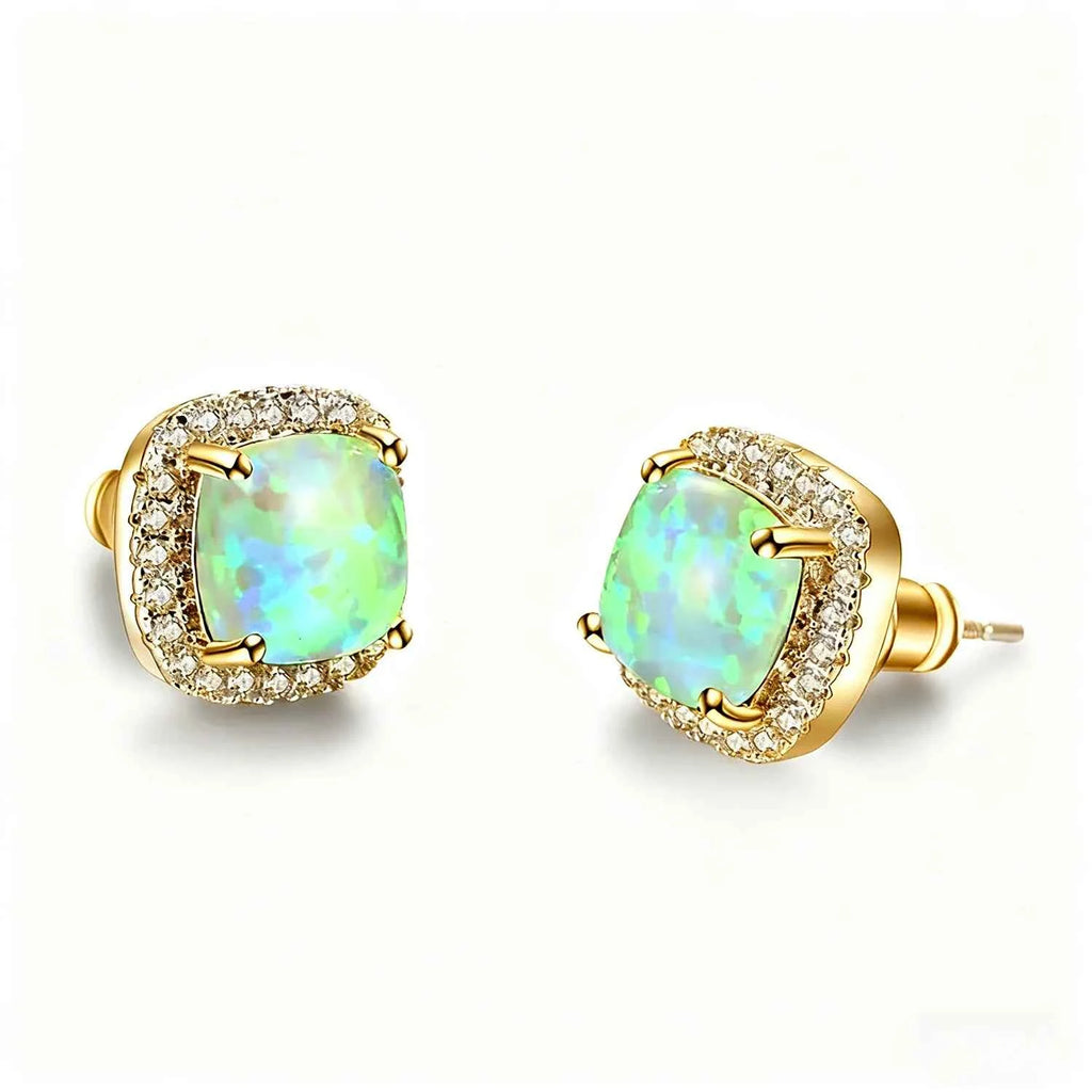 Multi-Color Available Opal Stone & Zirconia Earrings,Elegant Square Opal Studs,Silver Color Daily Luxury Jewelry,Gift for Women
