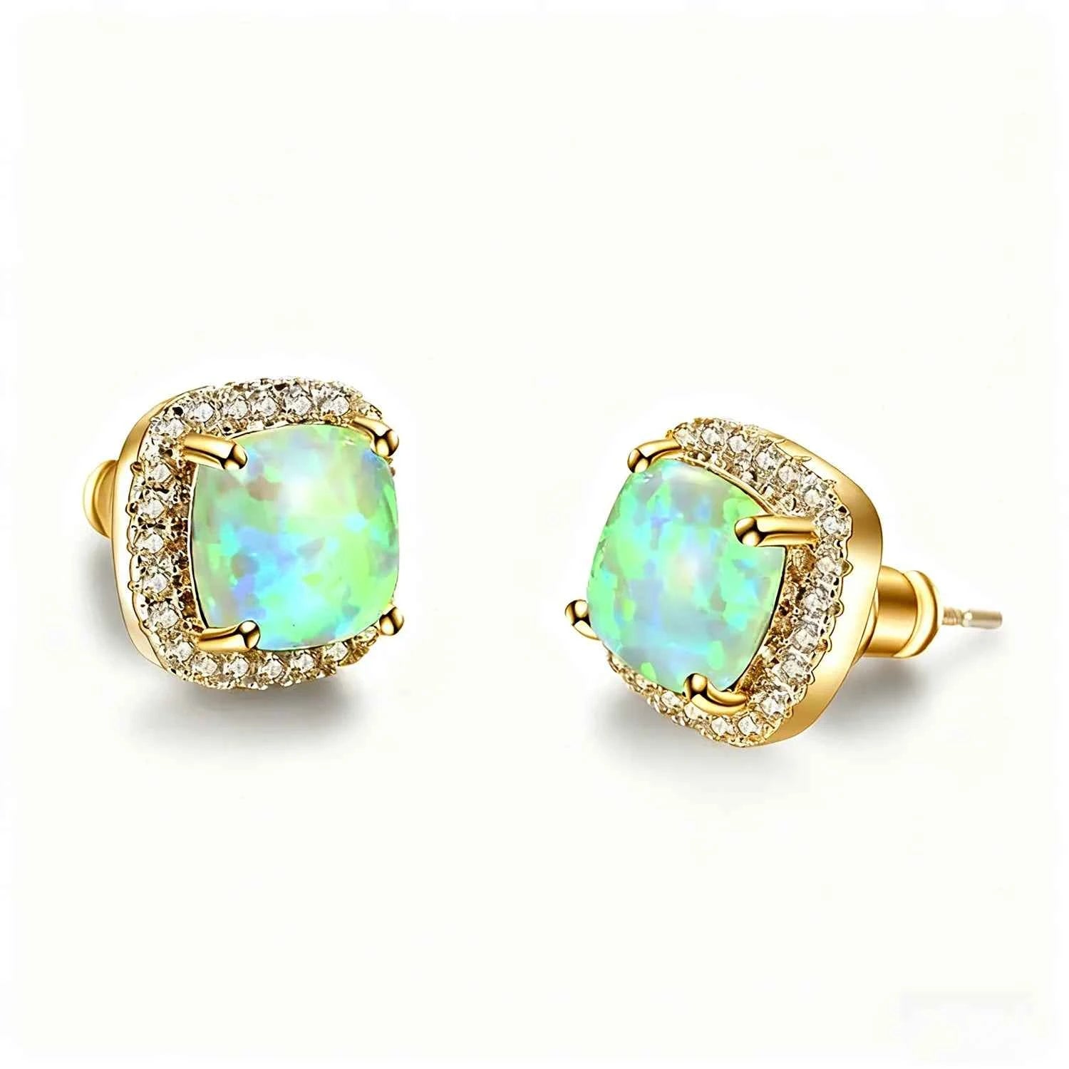 Multi-Color Available Opal Stone & Zirconia Earrings,Elegant Square Opal Studs,Silver Color Daily Luxury Jewelry,Gift for Women