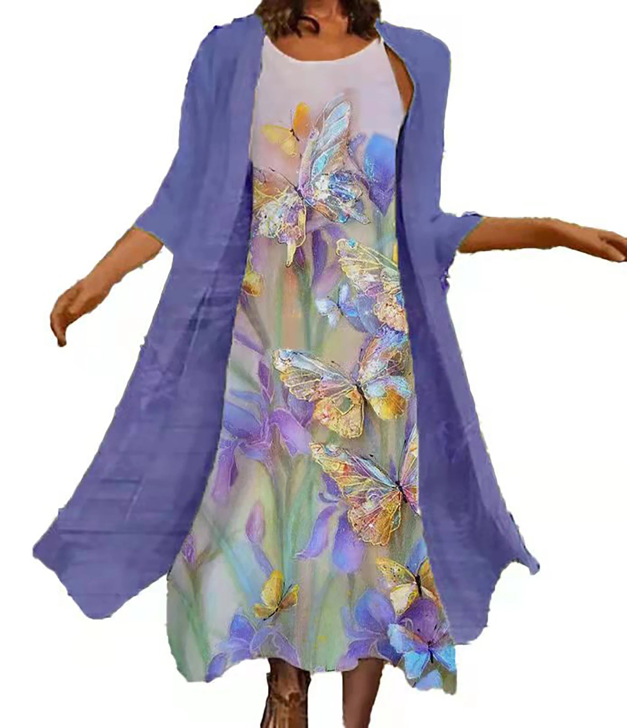 2024 Europe and the United States spring and summer new women's two-piece set of printed round neck long skirt chiffon pocket ou