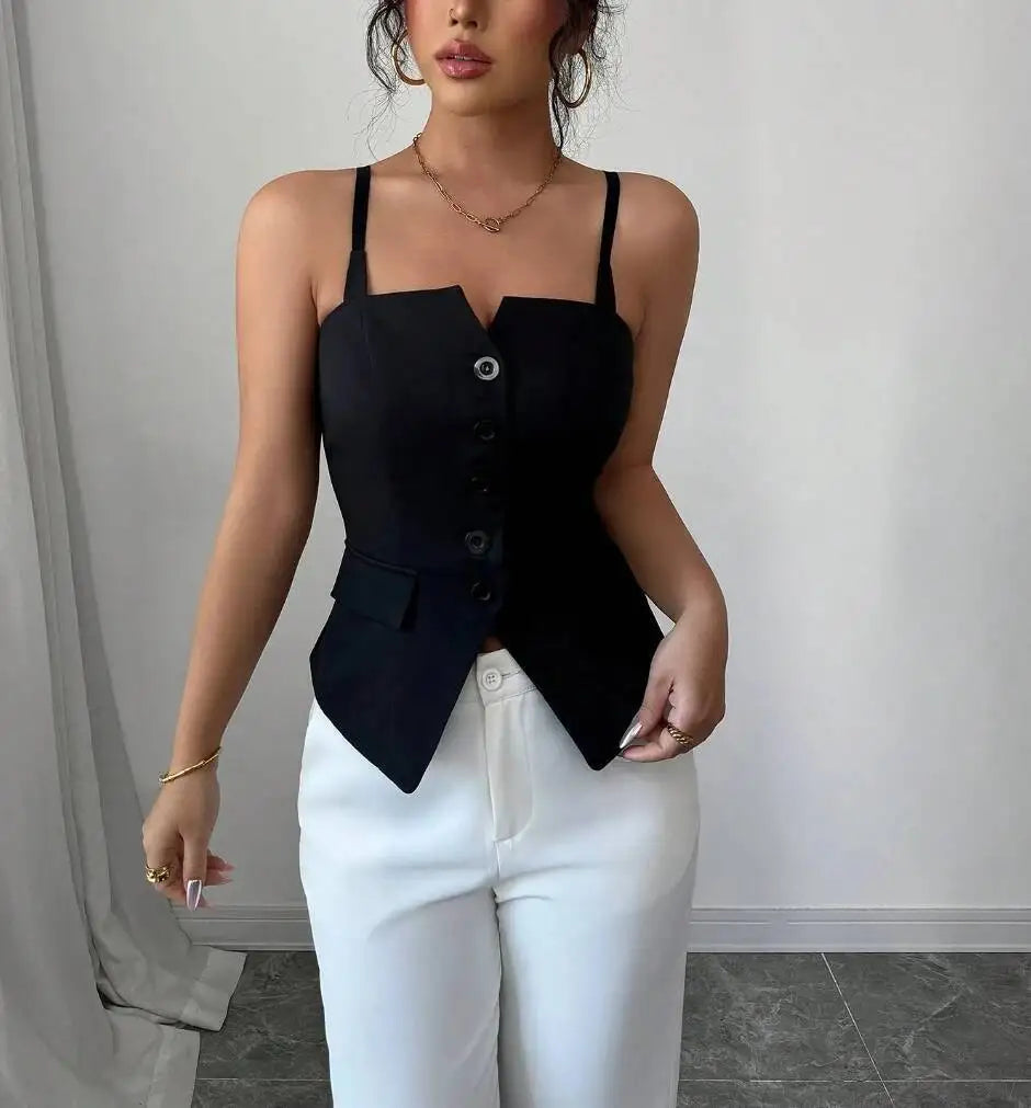 Women's Casual Tank Top Spring Summer Black Top Spaghetti Strap Sweetheart Neck Button Slim Fit Valentine's Day Elegant Sexy Top