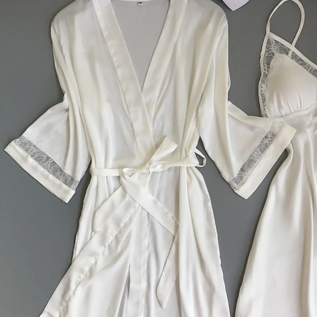2pcs Women Pajamas Suit Silky Satin Nightgown Nightdress Set Lace Patchwork Lace-Up Women Bathrobe Sleepwear Set