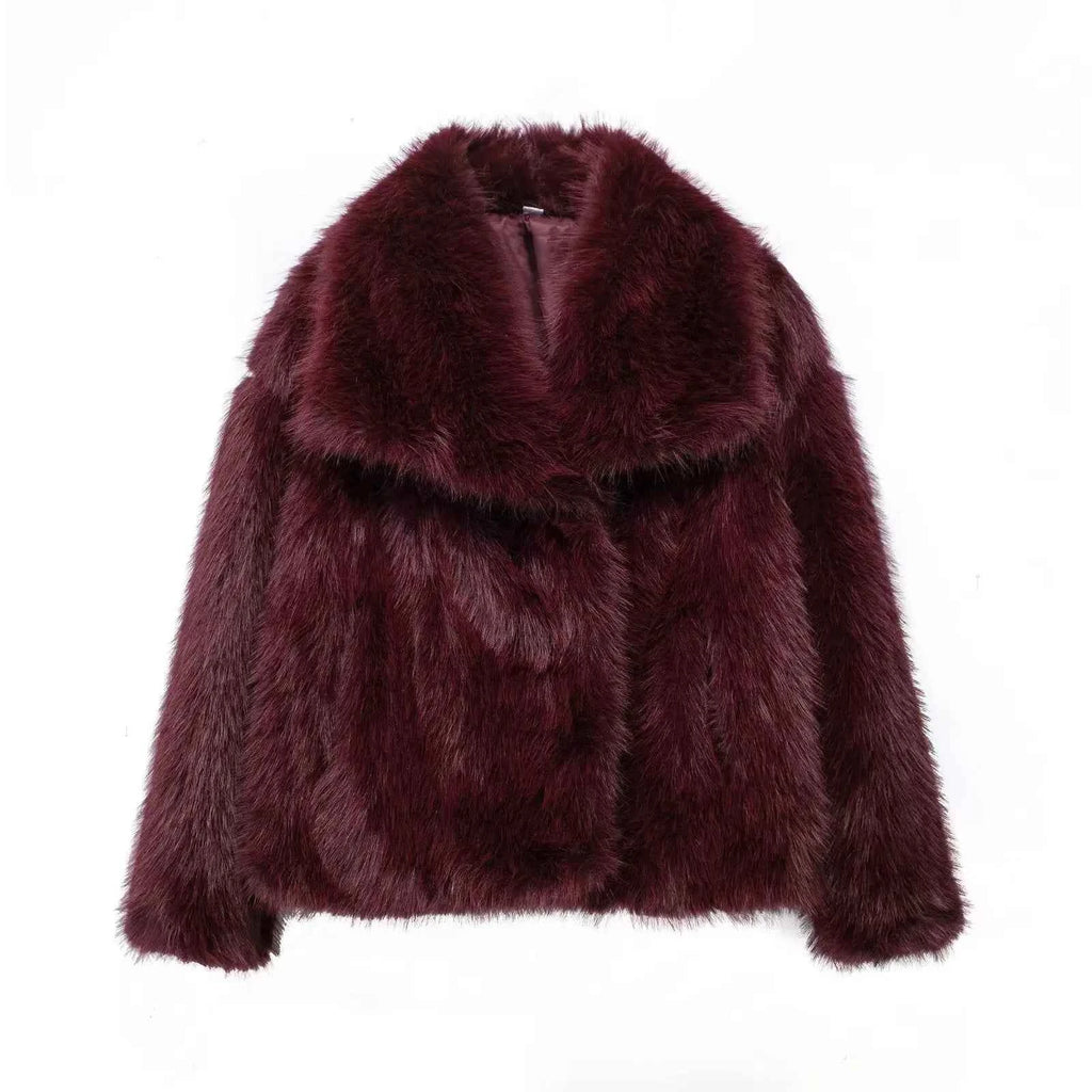 HH Women Fashion Cropped Faux Fur Jacket Coat Long Sleeve Front Snap-button Female Outerwear Chic Lapel Collar Thick Coat