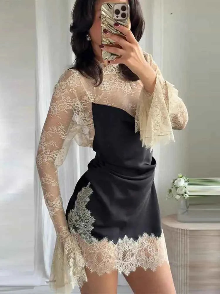 Elegant Lace Trim Satin Dress Women High Neck Color Block Full Sleeve Y2K Mini Dresses 2026 Spring Lady New Sexy Party Clubwear