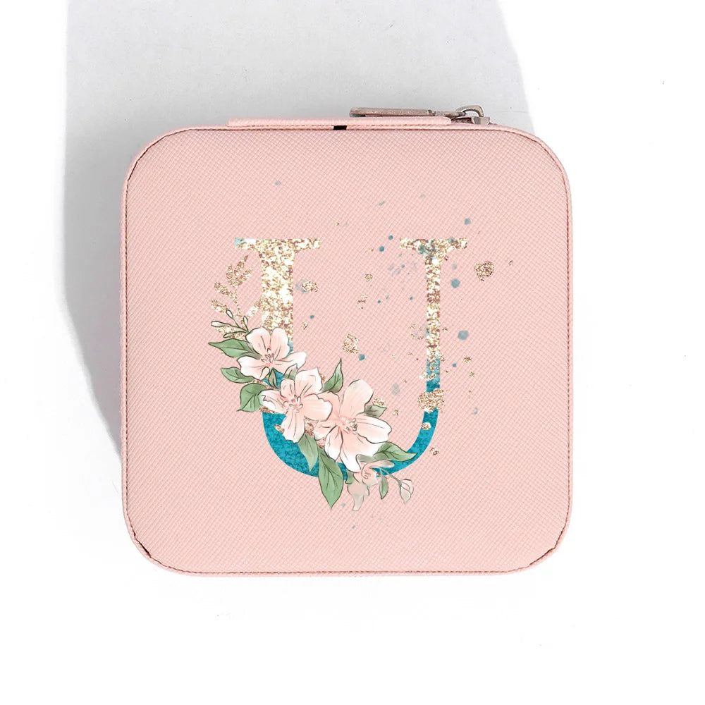 A-Z Alphabet Print Pink Travel Jewelry Organizer with Zipper Closure and Fabric Lining