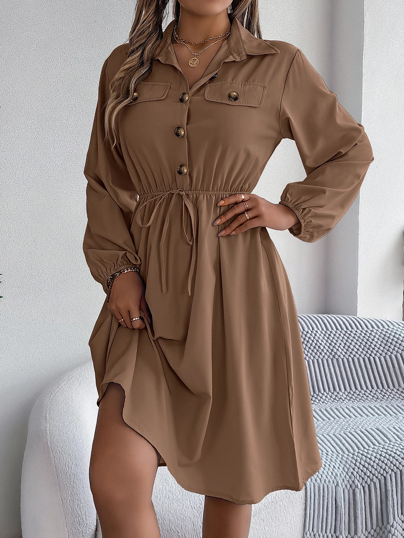 Autumn Winter Dresses for Women Casual Solid Color Button Tie Up Long sleeved Shirt Dress Blue  Green Black Red Woman Clothing