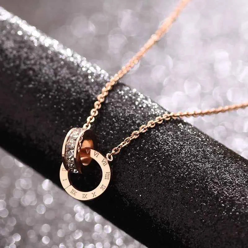 L91 new stainless steel rose gold square diamond Roman numeral double-buckle short necklace