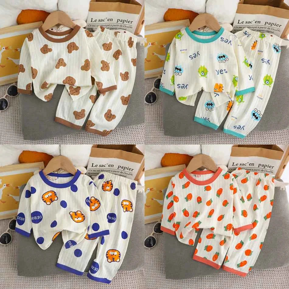 Summer Kids Cotton Pajama Sets Long Sleeve Pants Suitable Baby Gentle Nighttime Comfortable Sleepwear in Air Conditioned Rooms