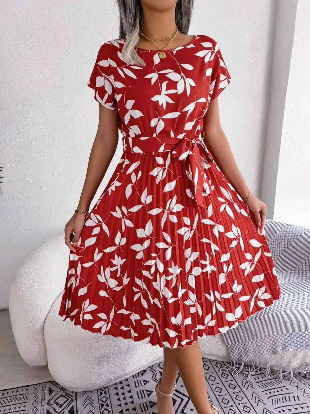 Ficusrong Fashion Floral Pleated A Line Long Dress Women Spring Summer Short Sleeve High Waist Chic Dress