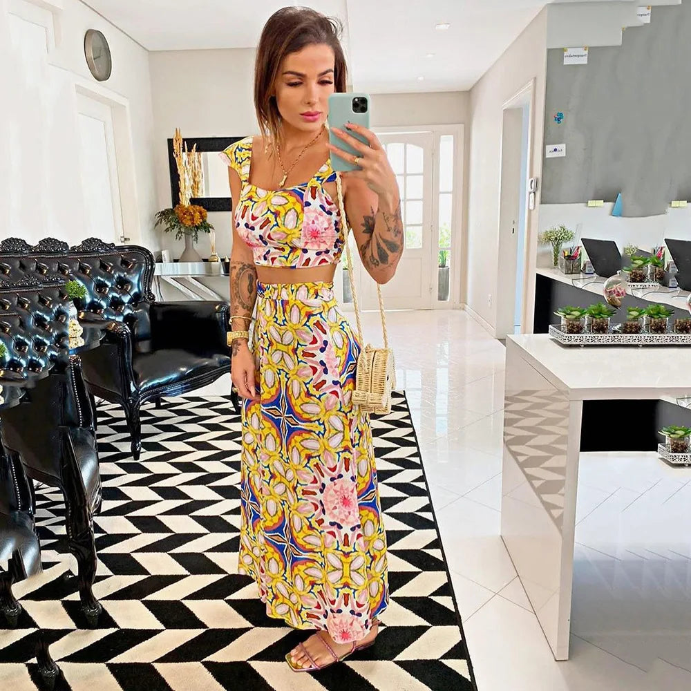 Bohemian Style Print Skirt Two Piece Set For Women Sexy Crop Camisole Casual Beach Holiday A-line Skirts 2 Piece Sets Female New