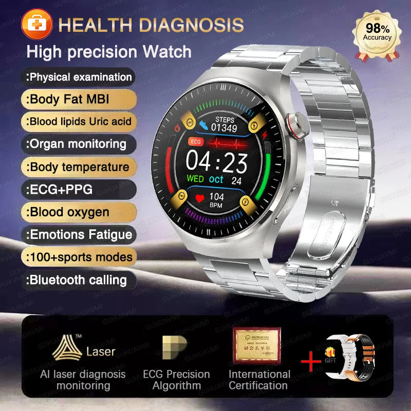 2025 High precision ECG Uric Acid Blood Fat Smart Watch Men Body Fat Blood pressure Heart rate Pulse Health  Watches