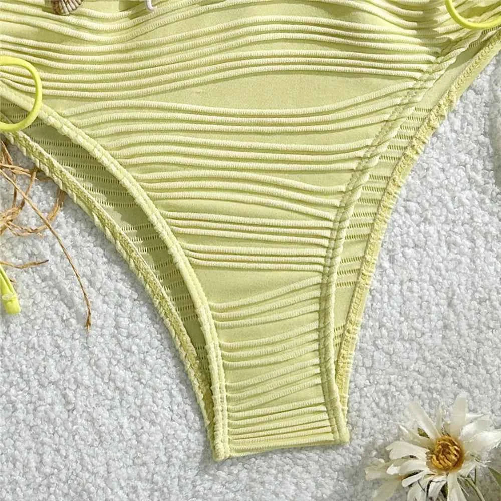 Shell Starfish Edge Bandeau Bikinis Sets Yellow Texture Solid Swimwears Sexy Swimsuit Women 2026 Lace-up Bathing Suit Bikini