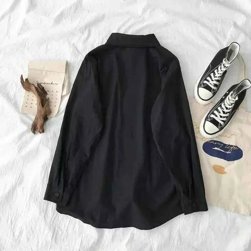 Japanese Style Loose Long Sleeve White Shirts Women Preppy Style Pocket Turn Down Collar Shirt Woman Harajuku Oversized Blouse