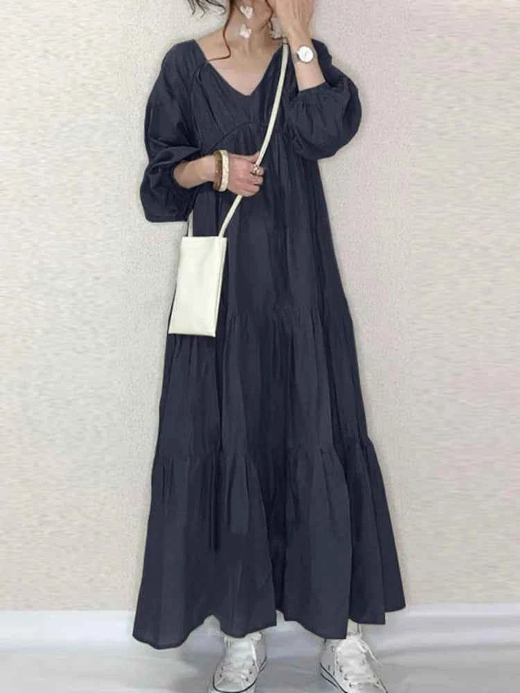 ZANZEA Vintage Ruffle Dress Women's Spring Sundress Casual Puff Sleeve Maxi Vestidos Female V Neck Robe Elegant Long Dresses