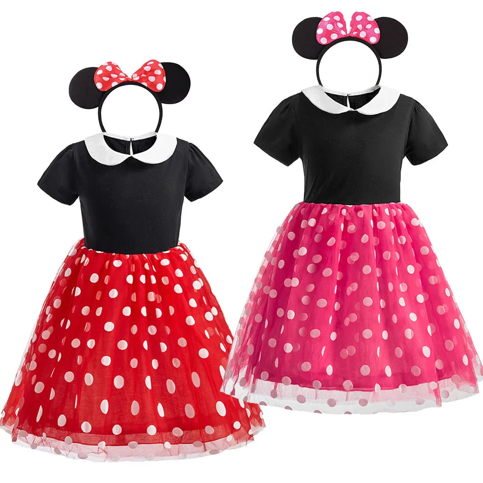 Children Casual Clothes Summer Short Sleeve Dots Girls Dress Kids Peter Pan Collar Cute Birthday Costume with Mouse Ear Headband