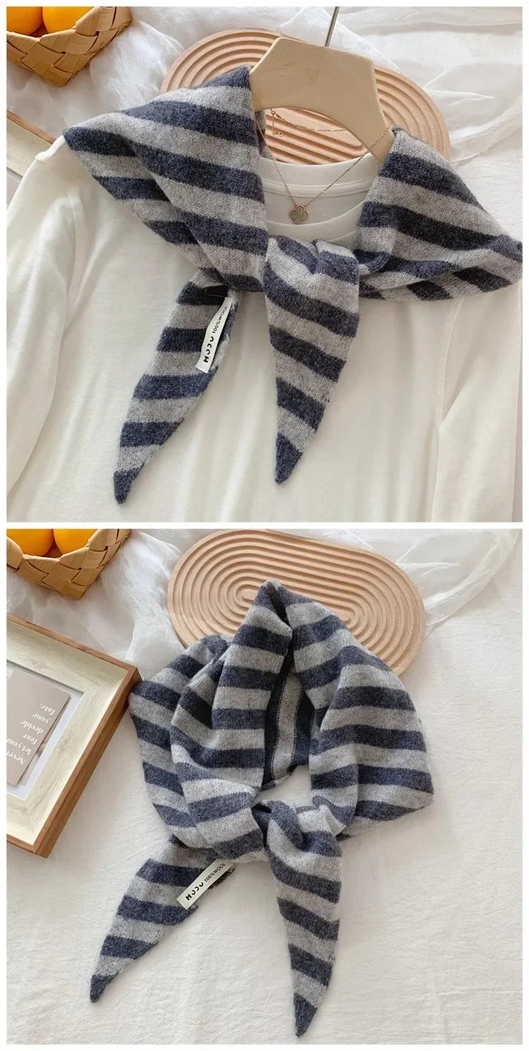 Korean Stripe Triangle Scarf 100% Wool Triangular Scarf Men Women British Niche Headscarf Knitted  Multi-functional Warm Scarf