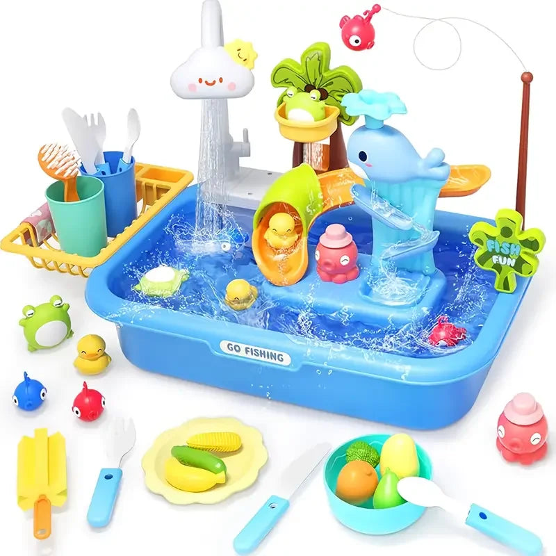 Kids Electric Kitchen Sink Toys with Running Water, Pretend Play Dishwasher & Fishing Toys, Educational Role Play Gift for Girls