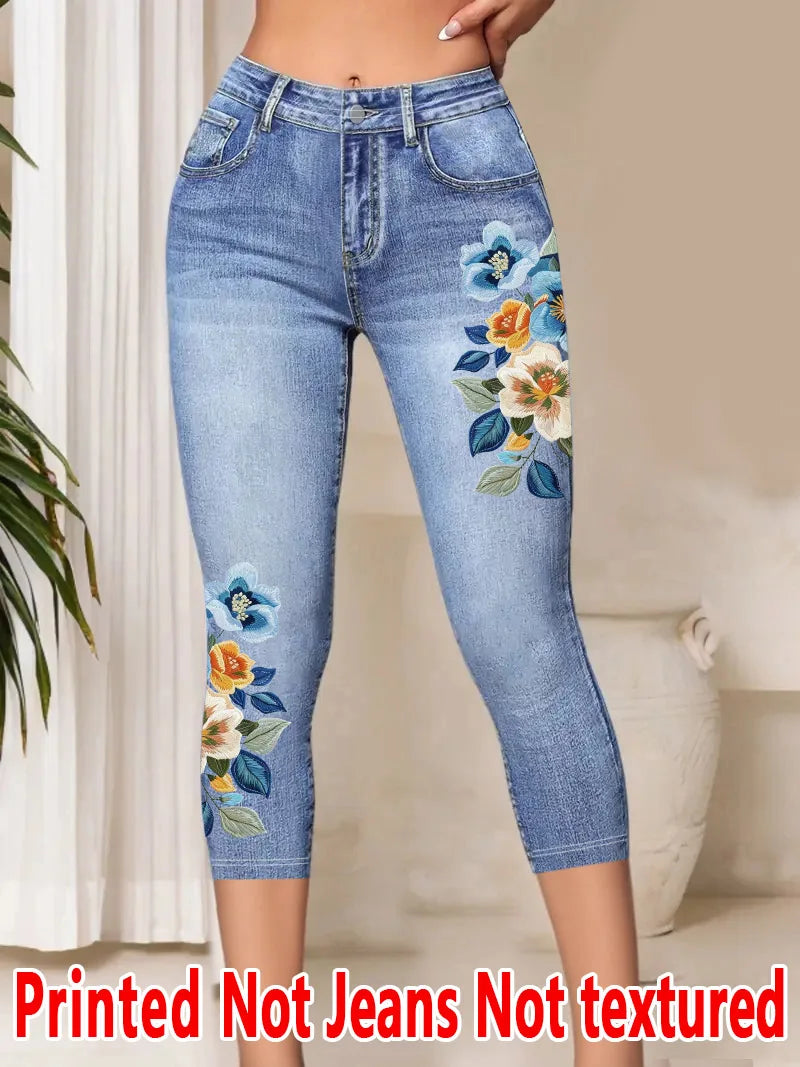 Women’s Floral High-Waist Capri Leggings – Stretch Knit