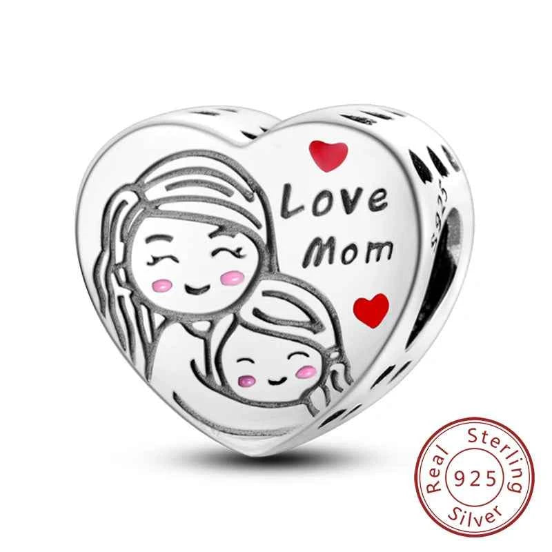 Original 925 Sterling Silver Charm Bead Mother's Day Love Heart Family Charm Bead Pendant Fits Bracelet Womens Jewelry Gifts