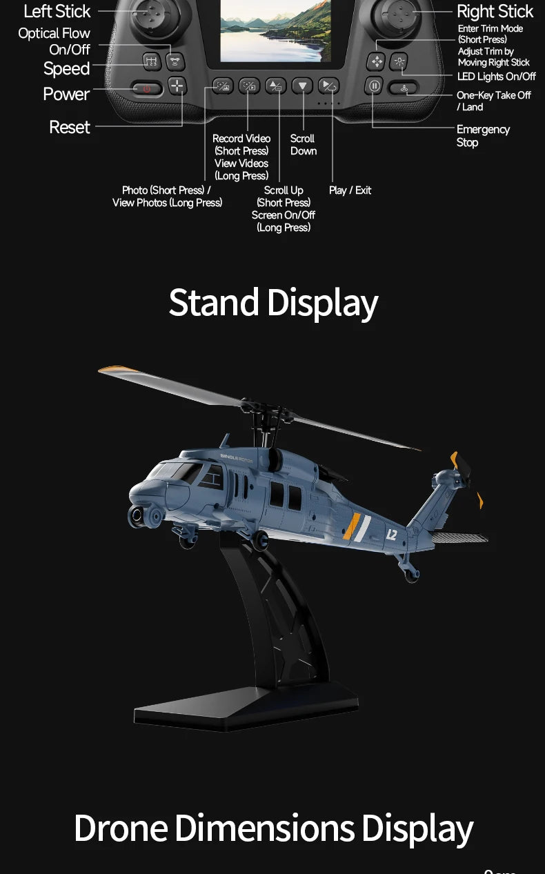 Military Remote Control Screen Helicopter 6 Axis Gyro Single Rotor 8K Aerial Optical Flow With Screen WIFI FPV RC Helicopter Toy