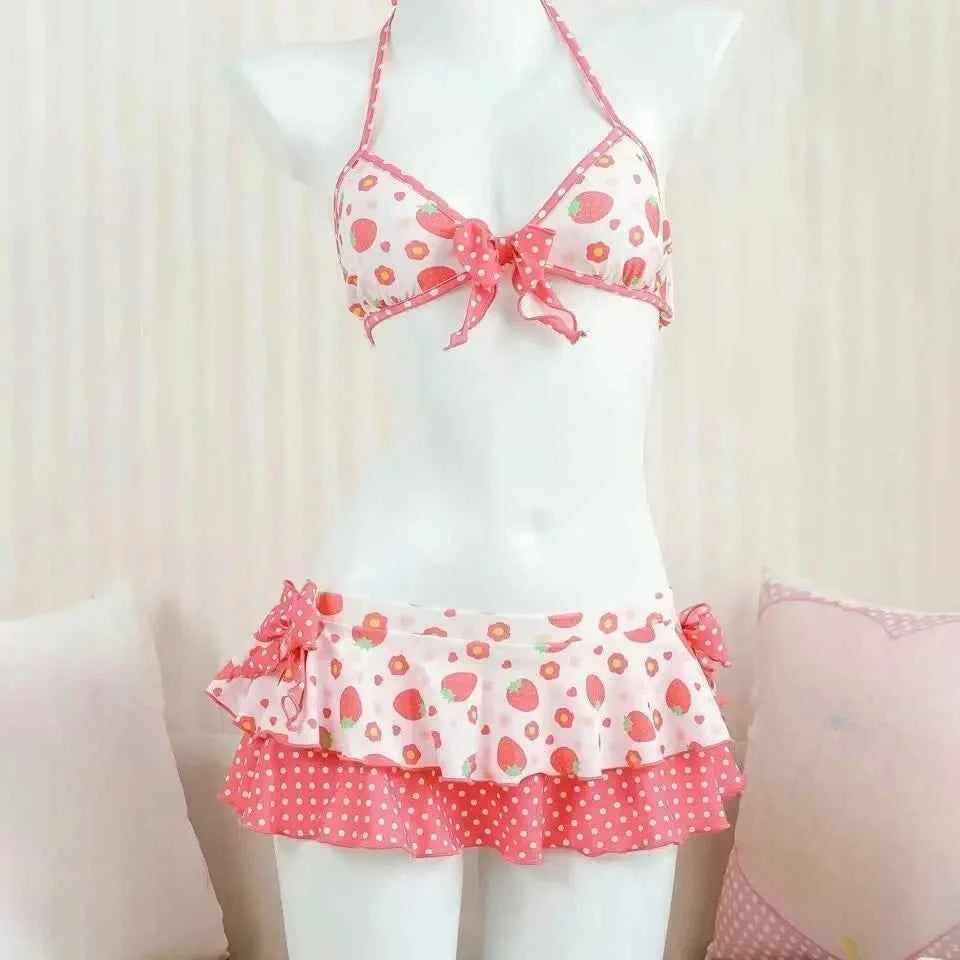 2026 Y2K Summer Sweet Pink White Dot Sets Lovely Cherry Decor Sexy Lace Trim Style Casual Bikini Swimsuit Beach Holiday Wear