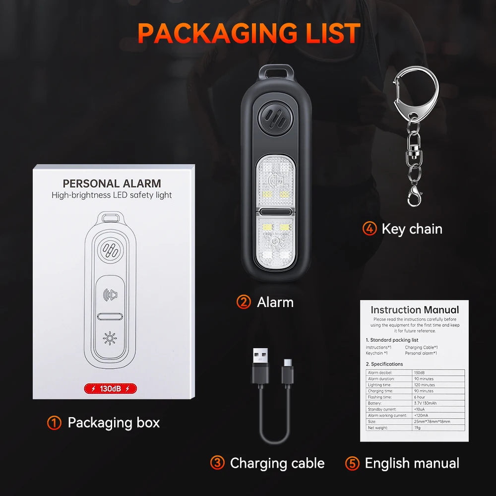 Extractme Personal LED Emergency Night Light Type-C Charging 130dB Safety Self Defense Alarm with Key Chain for Night Running