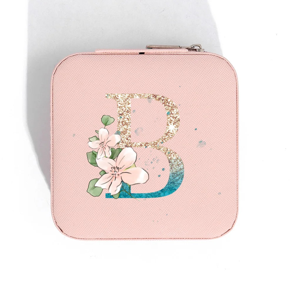 A-Z Alphabet Print Pink Travel Jewelry Organizer with Zipper Closure and Fabric Lining
