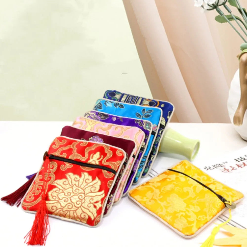 Chinese Brocade Jewelry Storage Bag Handmade Silk Embroidery Padded Small Zipper Tassel Jewelry Organizer Pouch Satin Gift Bag