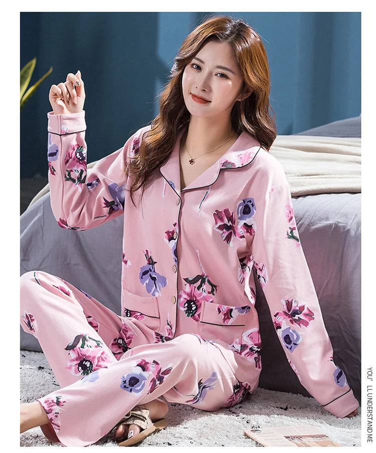 100% Pure Cotton Long Sleeve Sleepwear Set for Elderly Women Spring Summer Autumn Home Clothes Outwear Comfortable Home Suit