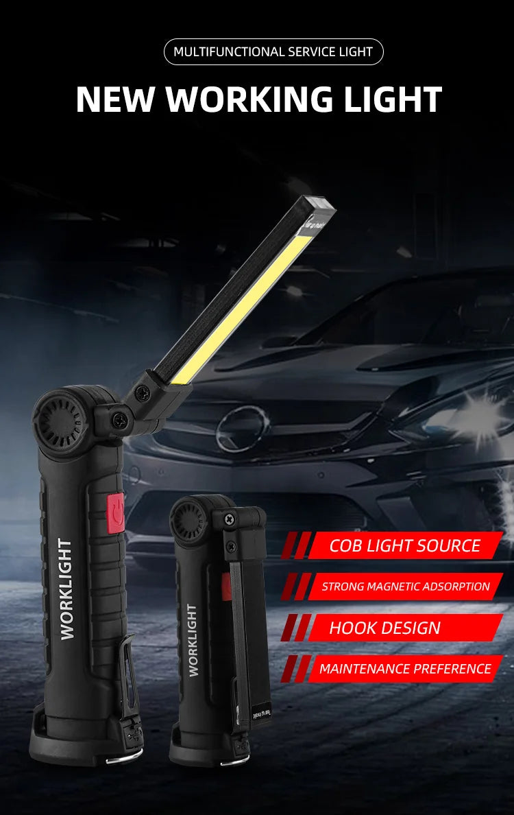 Portable COB LED Flashlight USB Rechargeable Work Light Magnetic Lanterna Hanging Lamp with Built-in Battery Camping Torch
