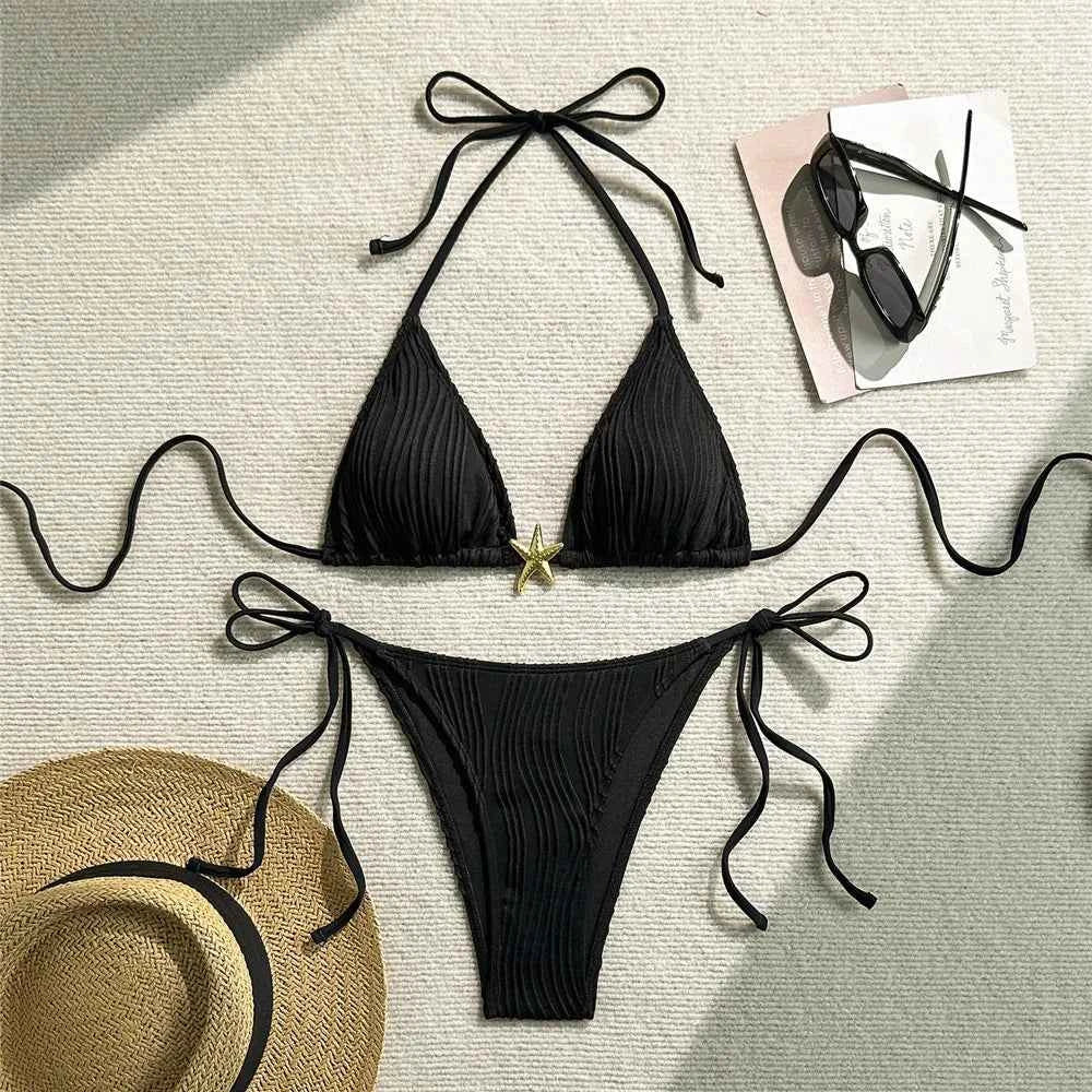 Sexy Black Ribbed Swimsuit Micro Thong String Halter Triangle Bikini Metal Starfish Swimwear 2026 Women Bathing Suit Bikinis Set