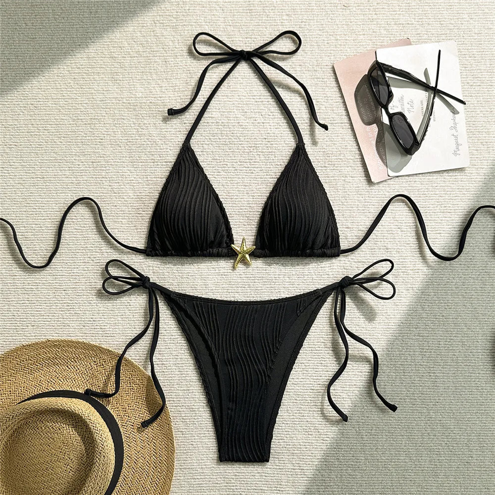 Sexy Black Ribbed Swimsuit Micro Thong String Halter Triangle Bikini Metal Starfish Swimwear 2026 Women Bathing Suit Bikinis Set