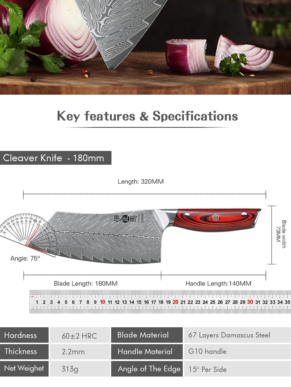 YIZEMA 7" Cleaver Knife Japanese Damascus Steel Sharp Meat Slicer Vegetable Chopper Kitchen High Quality Professional Chef Knife
