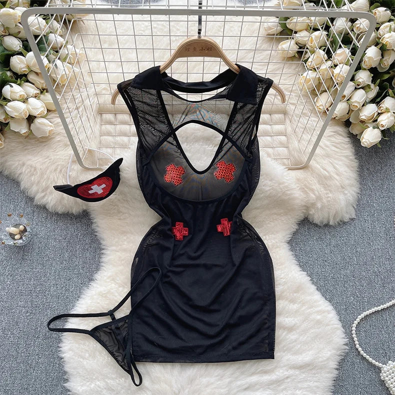 Summer Girls Sexy Hot Sweet Transparent Suspender Mini Dress Women Elastic Waist And Backless Strap Lolita Pajamas Bubble Skirt