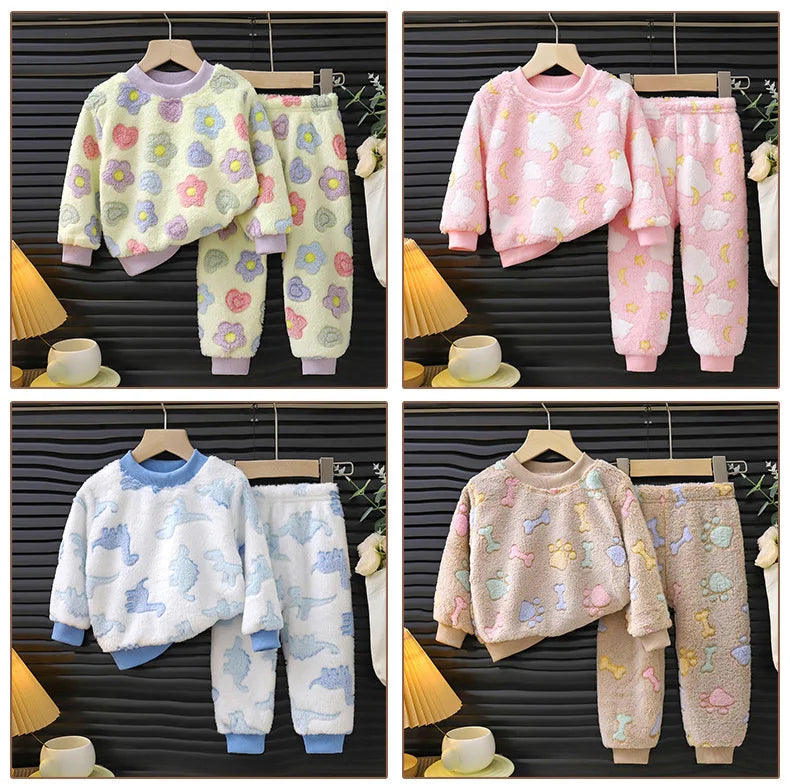 Autumn Winter Sleepwear Flannel Pajamas For Girls Boys Long Sleeve Tops+Pants Suits Fashion Home Clothing Baby Kid Sleep Costume