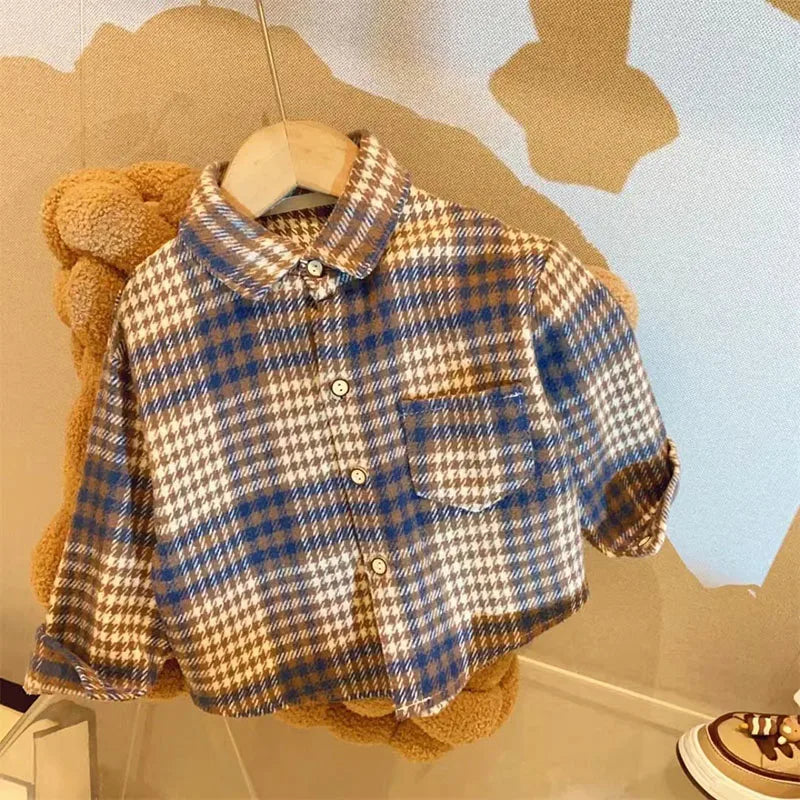 Autumn Children's clothes Girls Boys Casual Retro Lapel Shirt Long Sleeves Single-breasted Tops Blouses Plaid Shirts