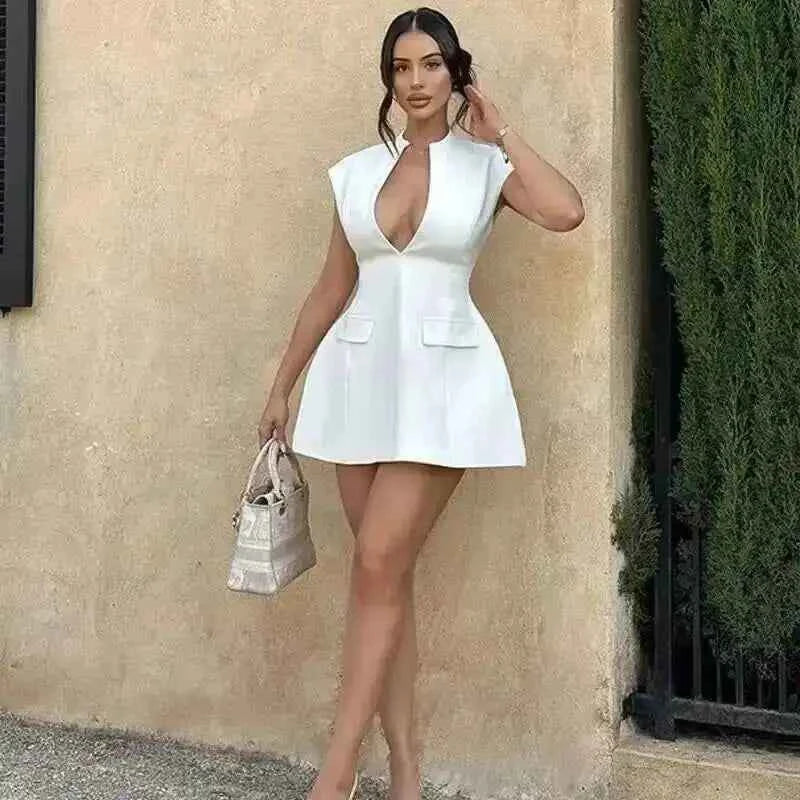 Townlike Pocket Elegant A-line Dress Women Mini 2024 Spring Summer Dress Deep V Neck Nightclub Sexy Party Dresses Vestidos