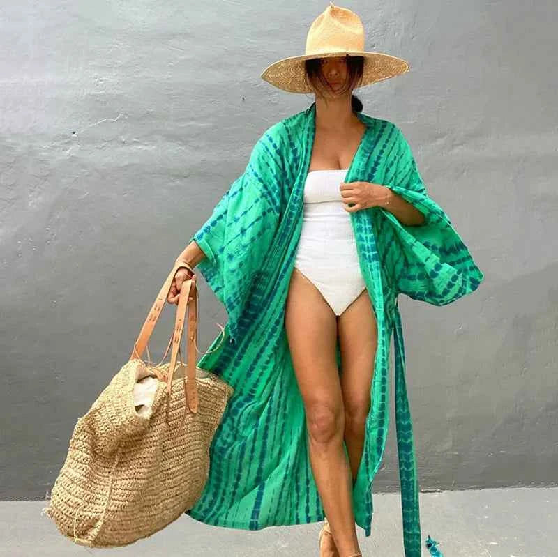 Long Kimono Swimsuit Cover up for Women Stylish Tie Dye Open Front Beach Outfits Bathing Suit