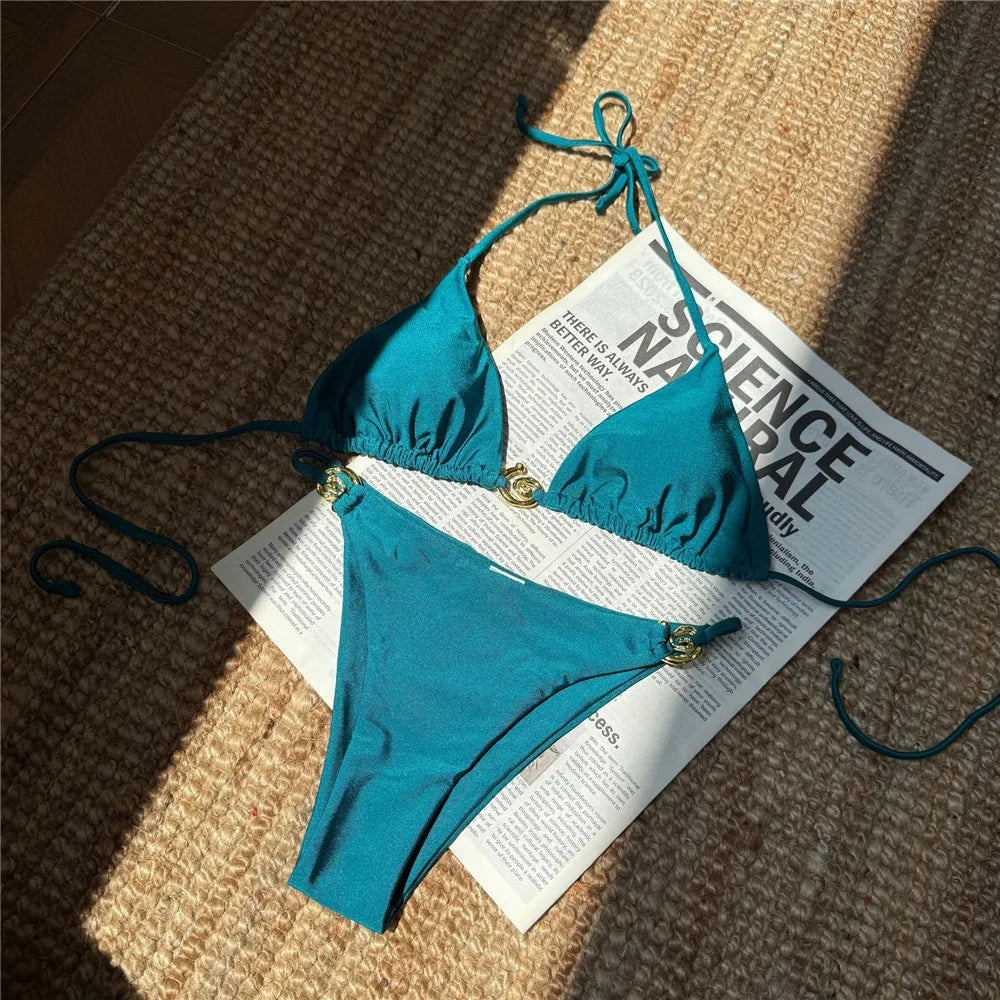 Solid Orange Swimwear Metal Ring String Halter Triangle Micro Bikini Thong Sexy Swimsuit Women 2026 Bathing Suit Bikinis Sets