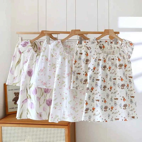 2025 Women's New Summer Pajama Set 100% Cotton Crepe Vest+Shorts Two Piece Loose Home Clothing Set Sleepwear Ladies
