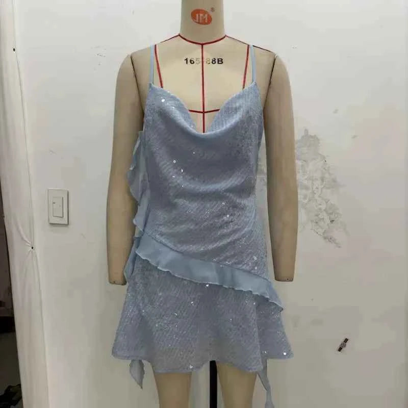 Glitter Flounce Mini Dress Woman Cinched Waist Sleeveless A-Line Halter Dresses Sexy Chic Women's Fashion Summer Short Dresses
