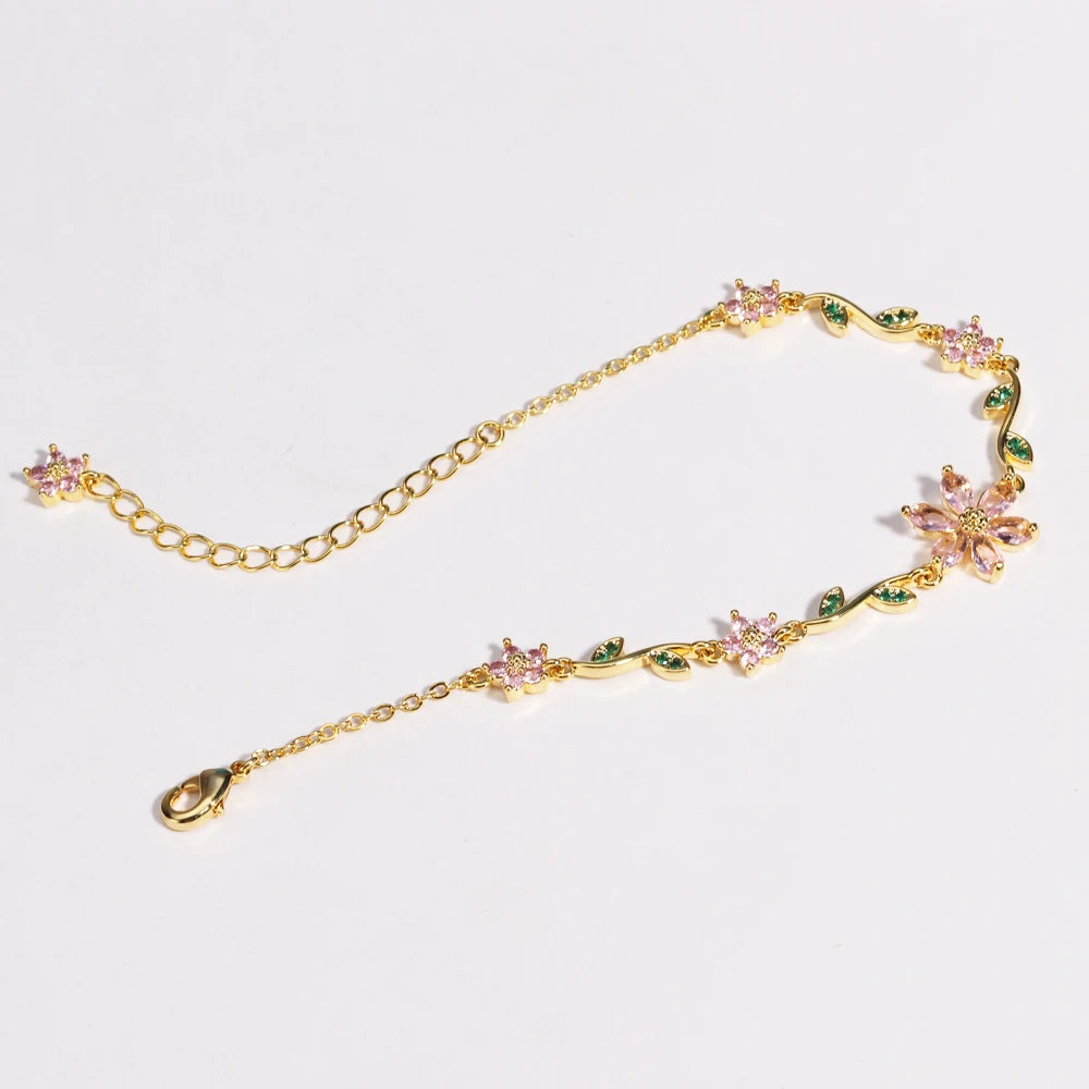 Luxury New Fashion Exquisite Green Leaf Flower Bracelet For Women Pink Cubic Zirconia Chain Shiny Rhinestone Bangle Jewelry