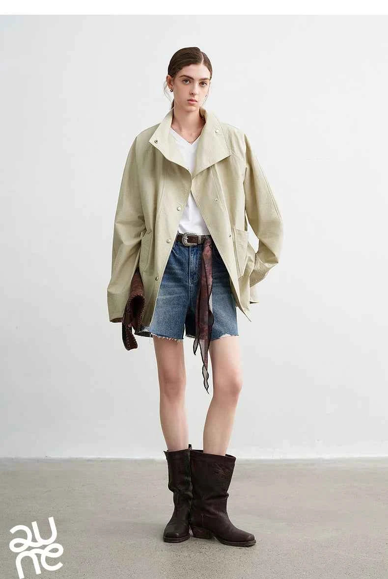 TOYOUTH Women's 2026 Spring New Loose Stand-Collar Utility-Style Lightweight Jacket Coat with Slub Wrinkle Texture