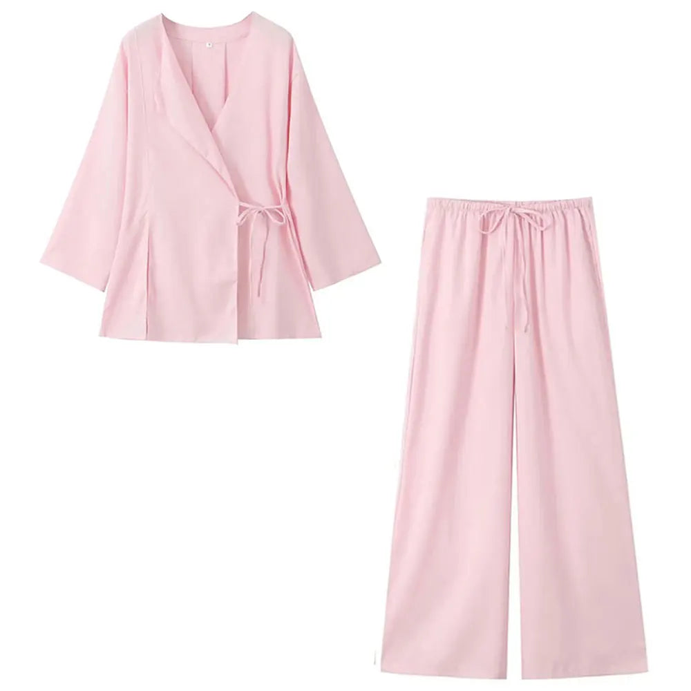 HH Pajama Style Pants Sets Women Fashion Kimono Style Lace Up Shirt Top Elastic Waist Trousers Women's Casual Outfits